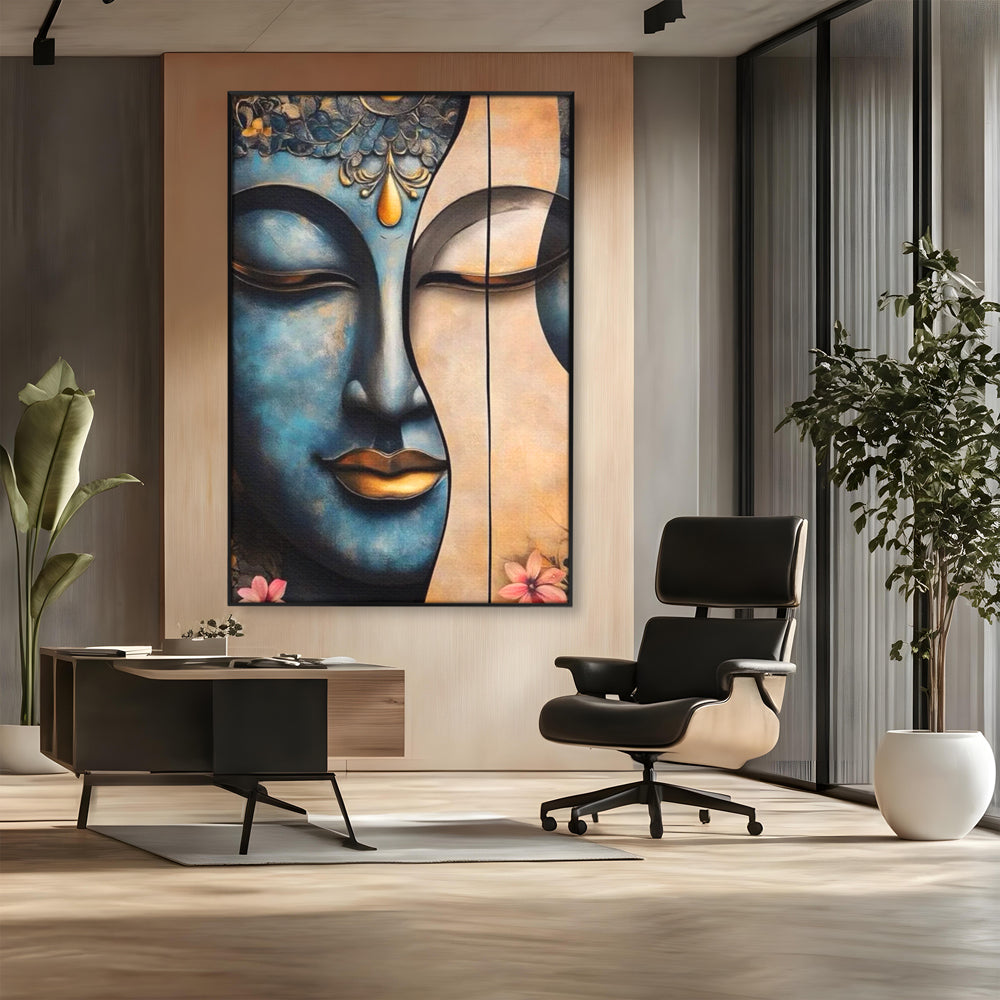 Tablou canvas cu tablou canvas cu chipul lui buddha, in rama de aluminiu negru, pe perete intr-un birou
